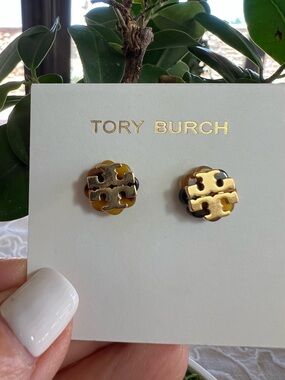 Tory Burch Gold and Tortoiseshell Logo Button Earrings
